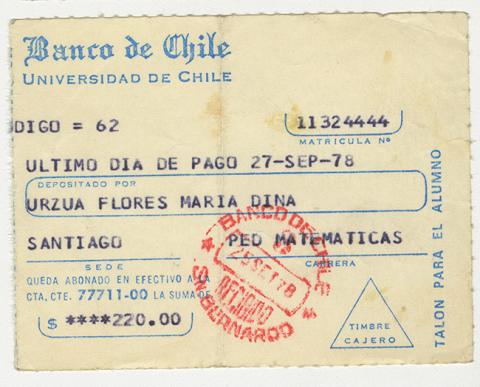 Primera imagen del registro Comprobante de pago de María Urzua Flores. Universidad de Chile. Septiembre 1978