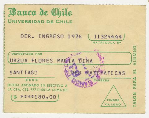Primera imagen del registro Comprobante de pago de Derechos Básicos de Ingreso de María Urzua Flores. Universidad de Chile. 1976