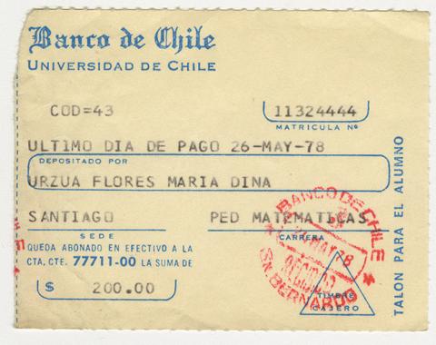 Primera imagen del registro Comprobante de pago de María Urzua Flores. Universidad de Chile. Mayo 1978