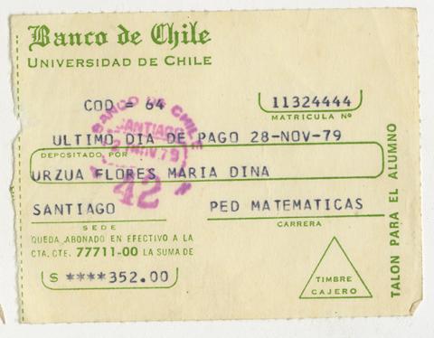 Primera imagen del registro Comprobante de pago de María Urzua Flores. Universidad de Chile. Noviembre 1976