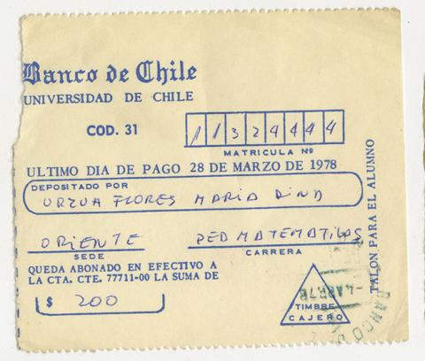 Primera imagen del registro Comprobante de pago de María Urzua Flores. Universidad de Chile. Marzo 1978
