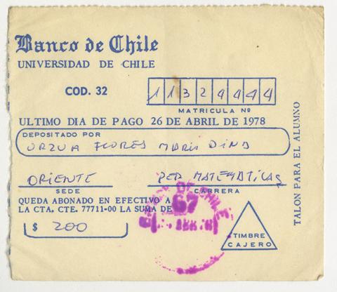 Primera imagen del registro Comprobante de pago de María Urzua Flores. Universidad de Chile. Abril 1978