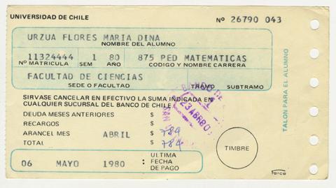 Primera imagen del registro Comprobante de pago aranceles de la Universidad de Chile. Abril 1980. María Urzua Flores