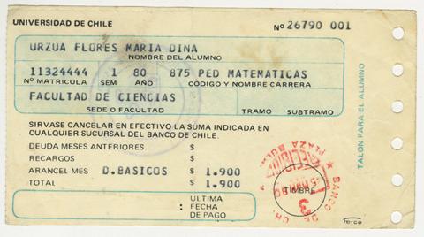 Primera imagen del registro Comprobante de pago aranceles de la Universidad de Chile. María Urzua Flores