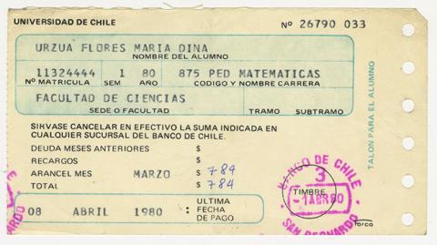 Primera imagen del registro Comprobante de pago aranceles de la Universidad de Chile. Marzo 1980. María Urzua Flores