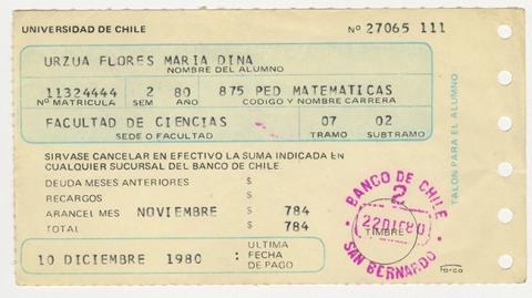 Primera imagen del registro Comprobante de pago aranceles de la Universidad de Chile. Noviembre 1980. María Urzua Flores