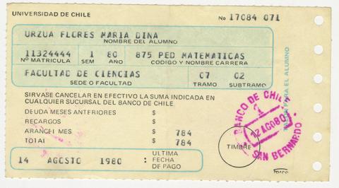 Primera imagen del registro Comprobante de pago aranceles de la Universidad de Chile. María Urzua Flores