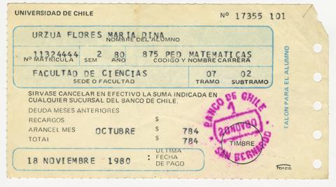Primera imagen del registro Comprobante de pago aranceles de la Universidad de Chile. Octubre 1980. María Urzua Flores
