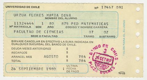 Primera imagen del registro Comprobante de pago aranceles de la Universidad de Chile. Agosto 1980. María Urzua Flores