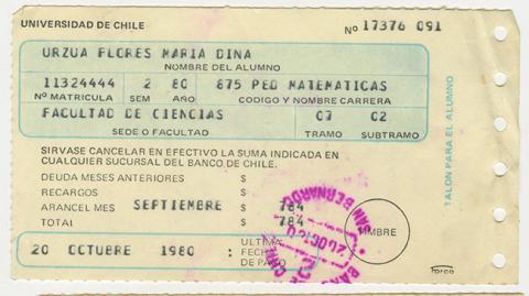 Primera imagen del registro Comprobante de pago aranceles de la Universidad de Chile. Septiembre 1980. María Urzua Flores