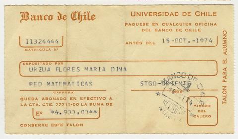Primera imagen del registro Comprobante de pago de María Urzua Flores. Universidad de Chile. Octubre 1974