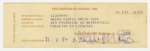 Primera imagen del registro Comprobante de recepción declaración de arancel de María Urzua Flores. Universidad de Chile. 1980