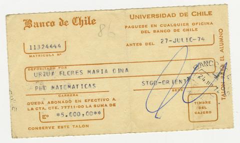 Primera imagen del registro Comprobante de pago de María Urzua Flores. Universidad de Chile. Julio 1974