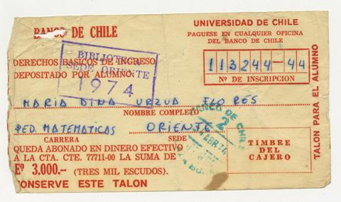 Primera imagen del registro Comprobante de pago de Derechos Básicos de Ingreso de María Urzua Flores. Universidad de Chile. 1974