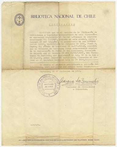 Primera imagen del registro Certificado de la Biblioteca Nacional