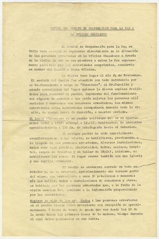 Primera imagen del registro Documento visita del comité de Cooperación para la Paz a la Oficina de detención de prisioneros políticos Chacabuco