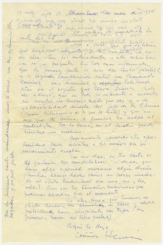Primera imagen del registro Carta de Hernán Guajardo a su esposa Olga durante su detención en Oficina Chacabuco 1974