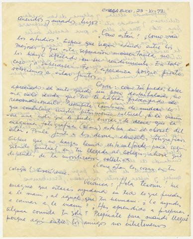 Primera imagen del registro Carta de Hernán Guajardo a sus hijos durante detención en Oficina Chacabuco 1973