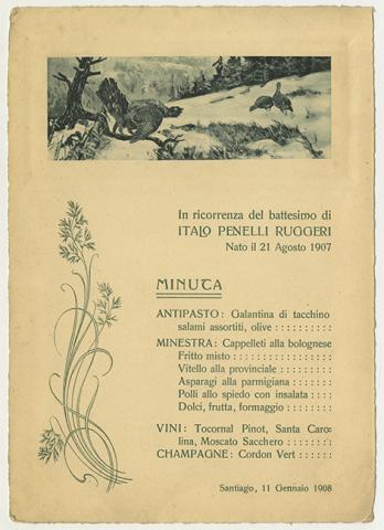 Primera imagen del registro Menú de almuerzo realizado en ocasión del bautismo de Italo Penelli Ruggeri