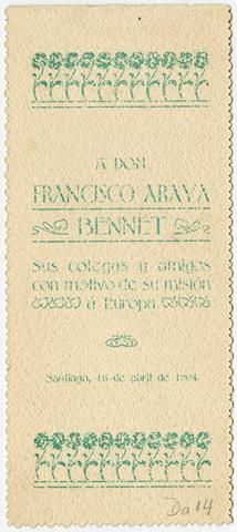 Primera imagen del registro Menú de comida ofrecida a Francisco Araya Bennet con motivo de su misión a Europa