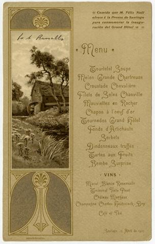 Primera imagen del registro Menú de comida ofrecida por M. Félix Noël a la prensa chilena para en conmemorar la inauguración Grand Hôtel