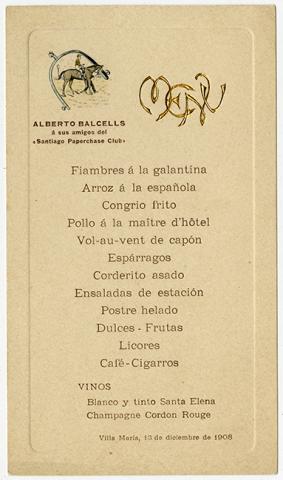 Primera imagen del registro Menú de comida ofrecido por Alberto Balcells a sus amigos del Santiago Paperchase Club