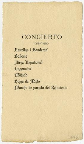 Primera imagen del registro Menú de comida ofrecido por los oficiales del Regimiento "Artillería a Caballo" a su Comandante Luis Altamirano