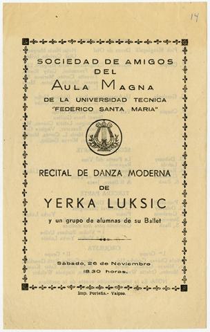 Primera imagen del registro Programa de recital de danza moderna de Yerka Luksic y un grupo de alumnas de su ballet