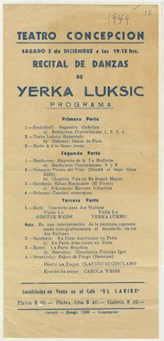 Primera imagen del registro Hoja con el programa del recital de danza moderna de Yerka Luksic y dos recortes de prensa sobre el recital