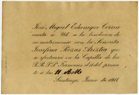 Primera imagen del registro Invitación a la bendición de matrimonio de José Miguel Echeñique Correa y Josefina Rozas Ariztía