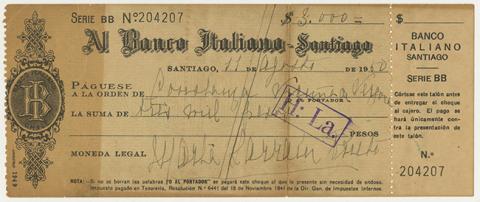 Primera imagen del registro Cheque Banco Italiano- Santiago Serie BB N°204207 por tres mil pesos a Constanza Vicuña Vergara