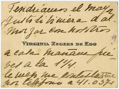 Primera imagen del registro Tarjeta de visita con invitación almorzar de Virginia Zegers de Edo
