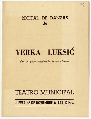 Primera imagen del registro Programa del recital de danzas de Yerka Luksic en el Teatro Municipal