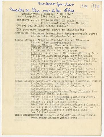 Primera imagen del registro Invitación y programa de la presentación de los cursos del Ballet de "Yerka Luksic" en el Liceo Manuel de Salas