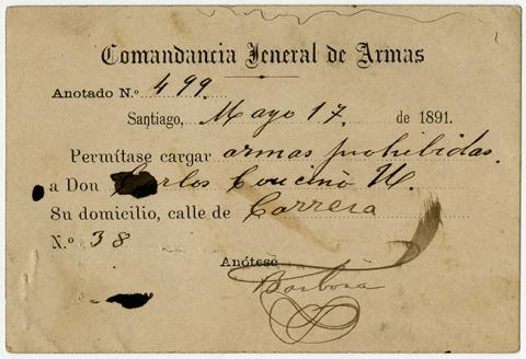 Primera imagen del registro Tarjeta de autorización de la Comandancia General de Armas a Carlos Cancino