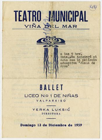Primera imagen del registro Programa de la presentación del Ballet Liceo N°1 de niñas de Valparaíso. Teatro Municipal de Viña del Mar
