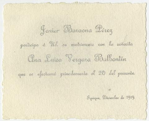 Primera imagen del registro Parte de matrimonio de Javier Baraona Pérez y Ana Luisa Vergara Balbontín
