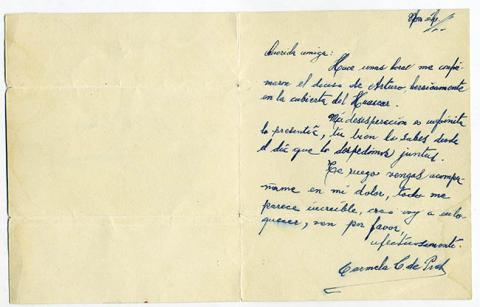Primera imagen del registro Carta de Carmela Carvajal de Prat a su amiga Maria del Carmen por muerte de Arturo Prat