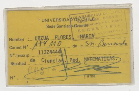 Primera imagen del registro Carnet Universidad de Chile. Sede Santiago-Oriente. María Urzua Flores