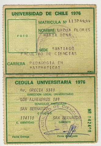 Primera imagen del registro Cédula Universitaria de María Urzua Flores. 1976