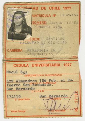 Primera imagen del registro Cédula Universitaria de María Urzua Flores. 1977