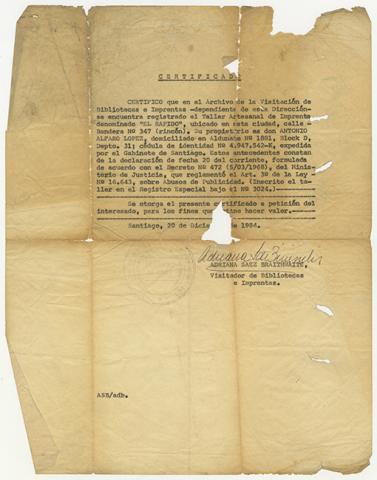 Primera imagen del registro Certificado de el Archivo de la Visitación. Dirección de Bibliotecas, Archivos y Museos.