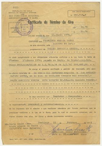 Primera imagen del registro Certificado de Término de Giro de Francisco Huerta Yañez
