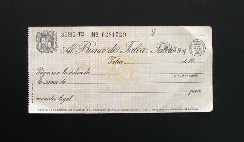 Primera imagen del registro Cheque al Banco de Talca