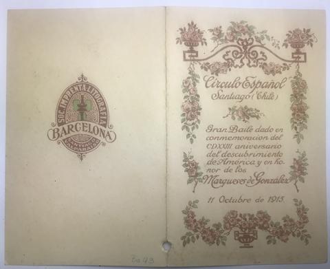 Primera imagen del registro Tarjeta de Baile Circulo español Conmemoración descubrimiento de América y en Honor de los Marqueses González