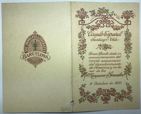 Primera imagen del registro Tarjeta de Baile Circulo español Conmemoración descubrimiento de América y en Honor de los Marqueses González
