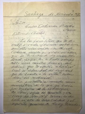 Primera imagen del registro Carta de C. Valenzuela a Carlos Eastman sobre artículo de Lord Cochrane