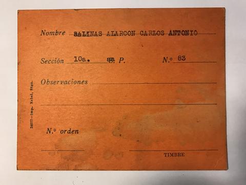 Primera imagen del registro Tarjeta para realizar pedidos, Carlos Antonio Salinas Alarcón