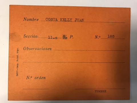 Primera imagen del registro Tarjeta para realizar pedidos, Juan Costa Kelly