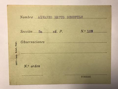 Primera imagen del registro Tarjeta para realizar pedidos, Demofilo Álvares Matus